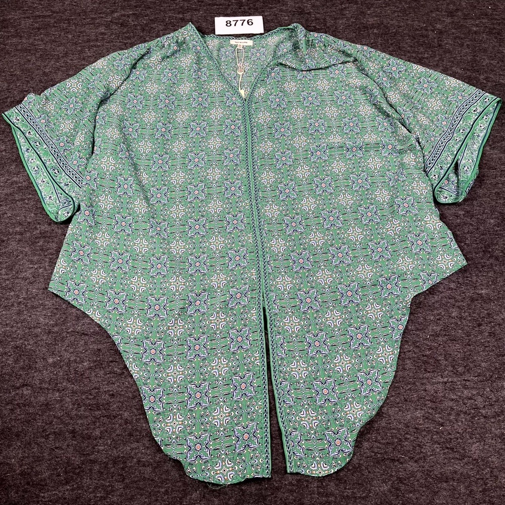 Max Studio Blouse Top Women 3X Green Geometric Floral Hi Low Hem V Neck Bohemian